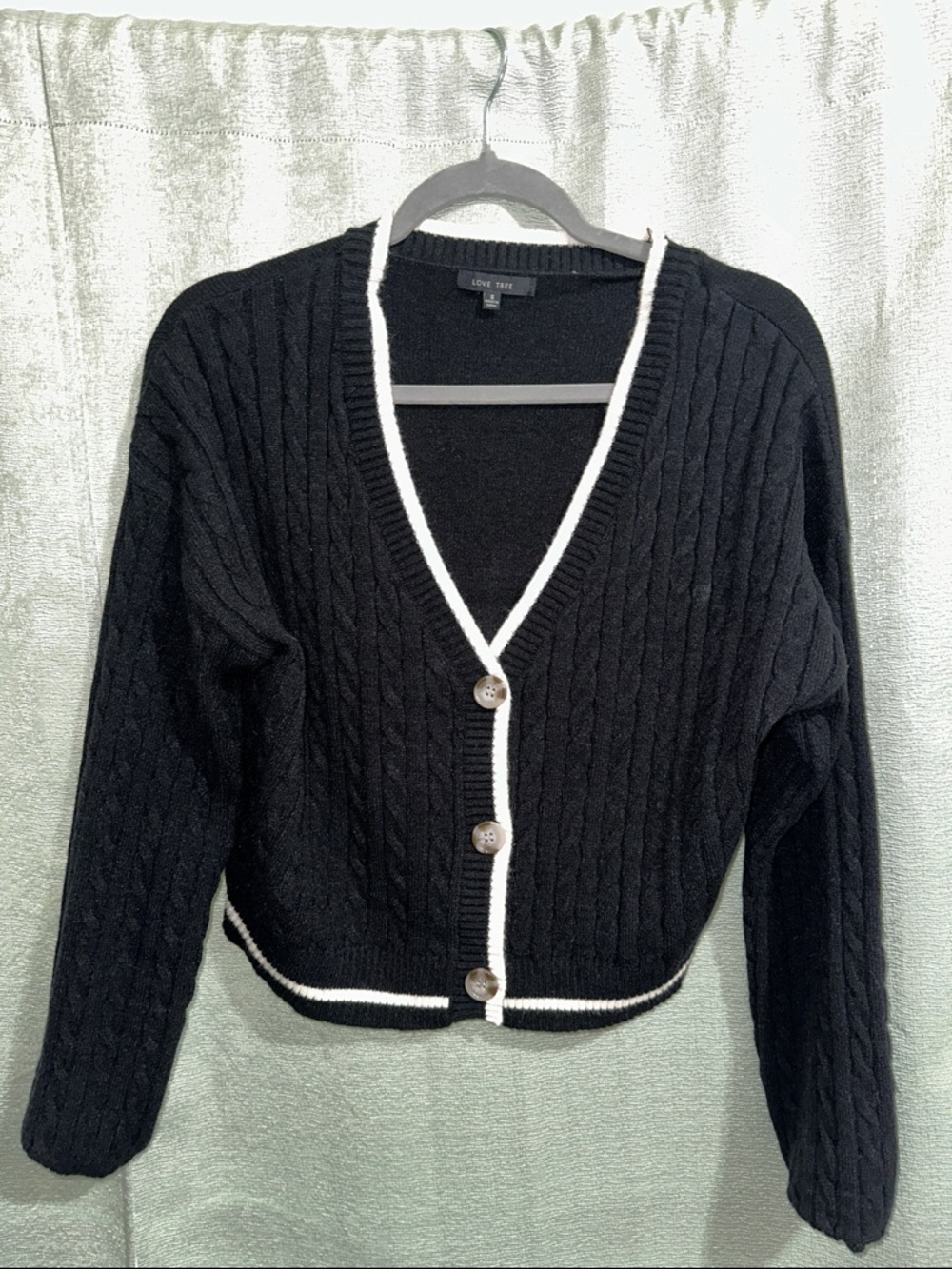 Love Tree Black Cardigan with White Trim and Buttons
